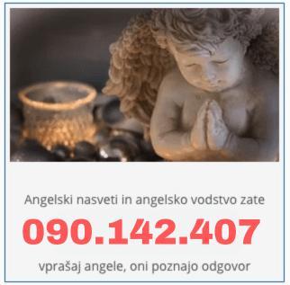 angel, ki moli, zraven njega posoda zlate barve